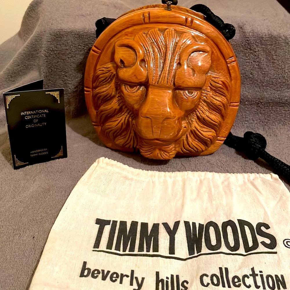 Rare Timmy Woods Lion Head crossbody wooden handbag